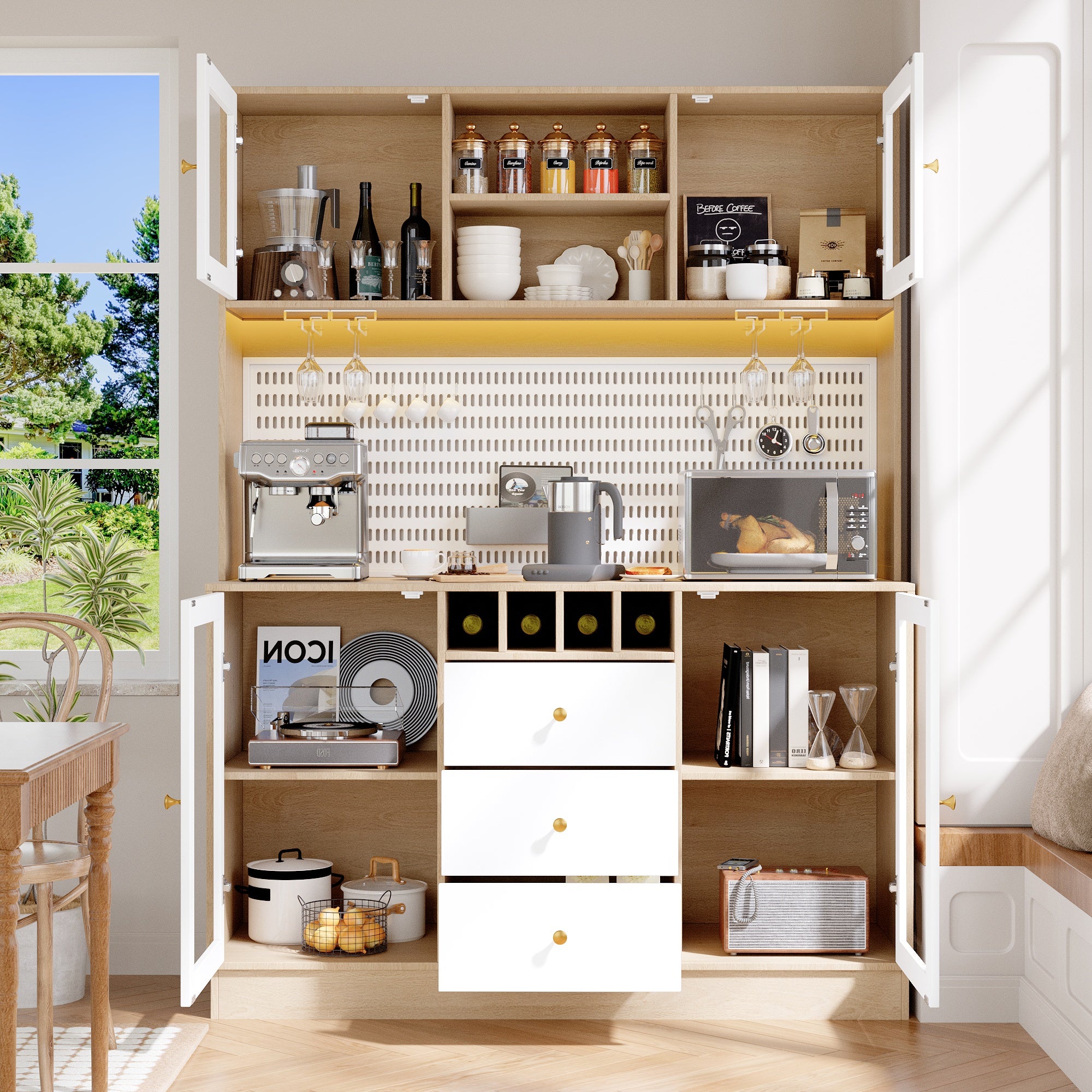 Buffet haute de cuisine avec lumières LED etporte-verres à vin,Armoire haute de cuisine moderne 140×40×185.7cm,Avec tiroir et étagère réglable,Blanc - 2