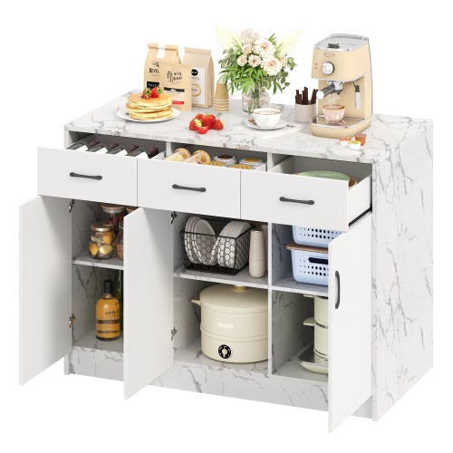 Grand îlot de cuisine 120 x 60 x 90,5 cm, 3 tiroirs et 3 portes, design en marbre blanc, étagères réglables, tiroirs silencieux, design coin bar - 2