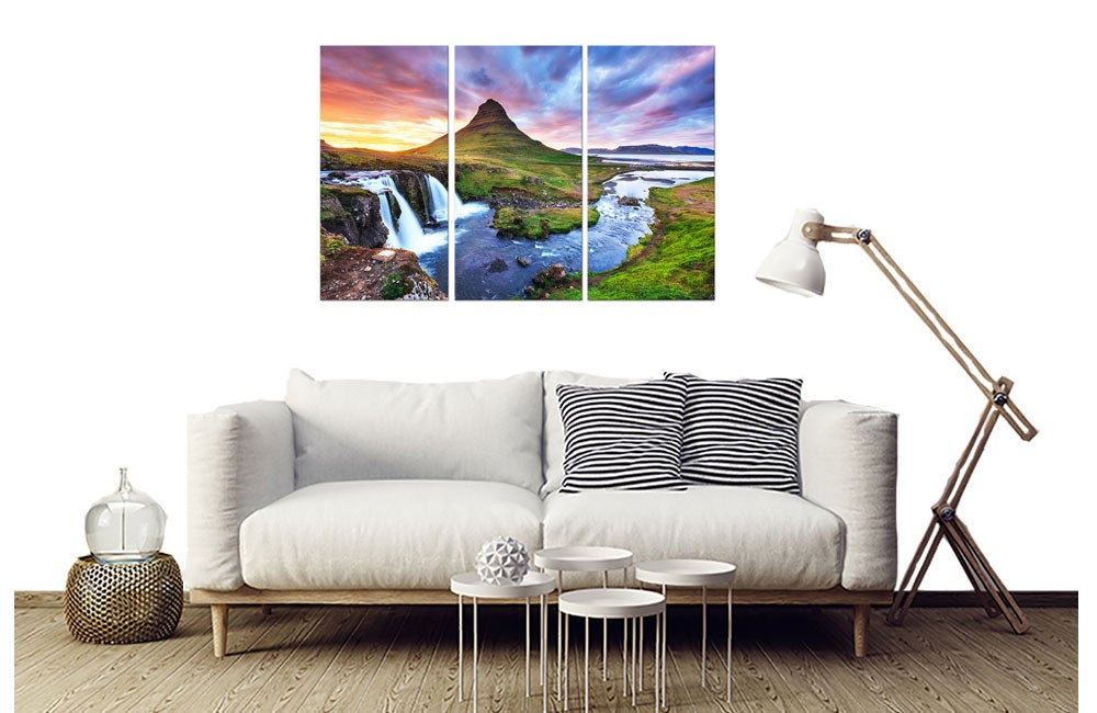 Tableau triptyque paysage cascade en islande - 90x60 cm - 2
