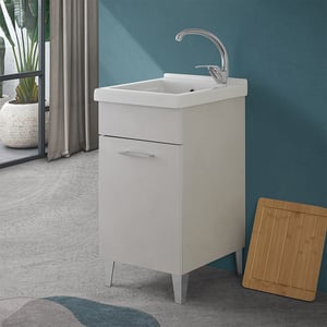 Mobile Lavatoio In Legno Con Vasca Ceramica - 45x50 Cm, Bianco, Con Strofinatoio Integrato E Kit Sifone - Foto 6