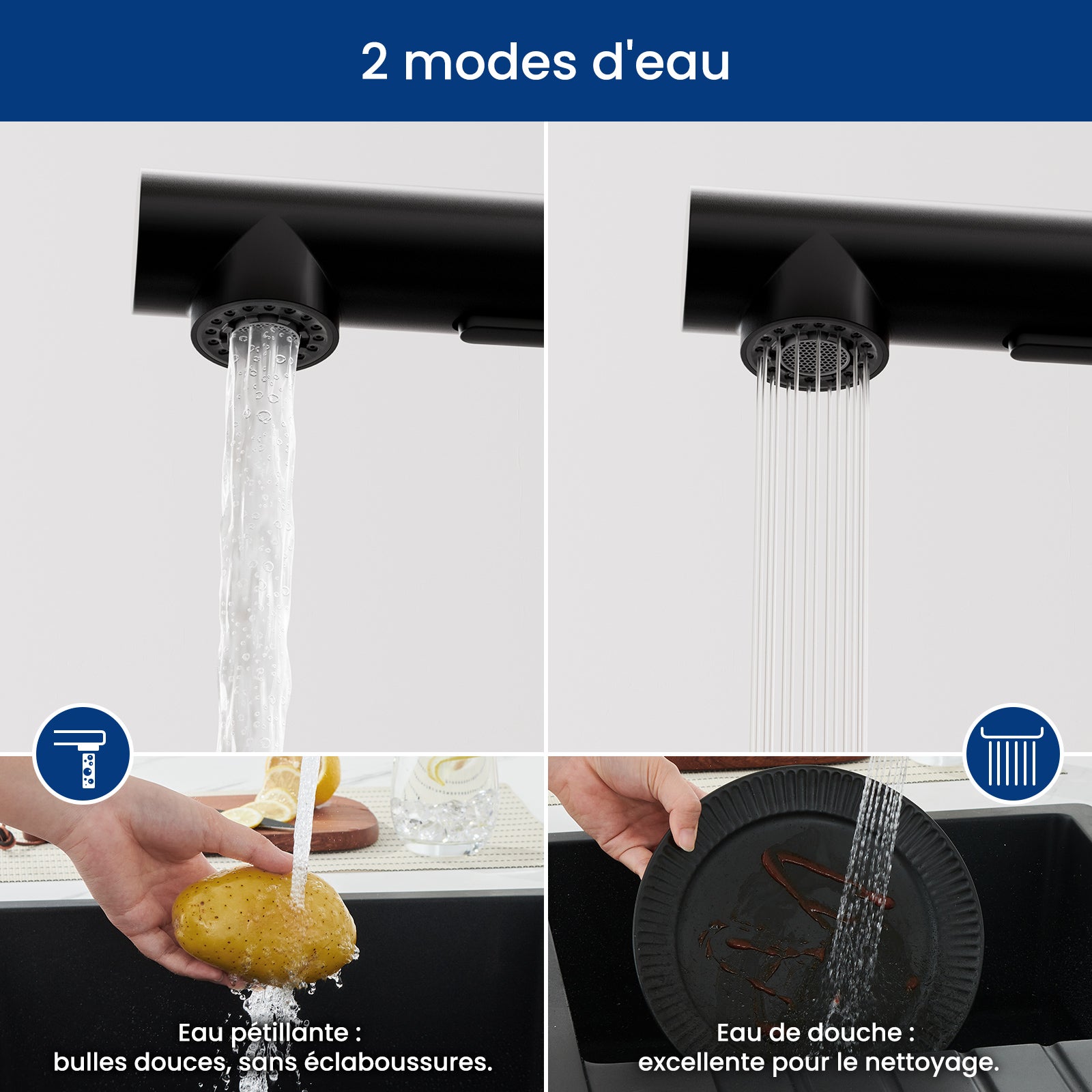 Noir Robinet Cuisine avec Douchette - Mitigeur Douchette d'évier Extractible à 2 Jets Mitigeur de Cuisine Pivotant à 360° - 3