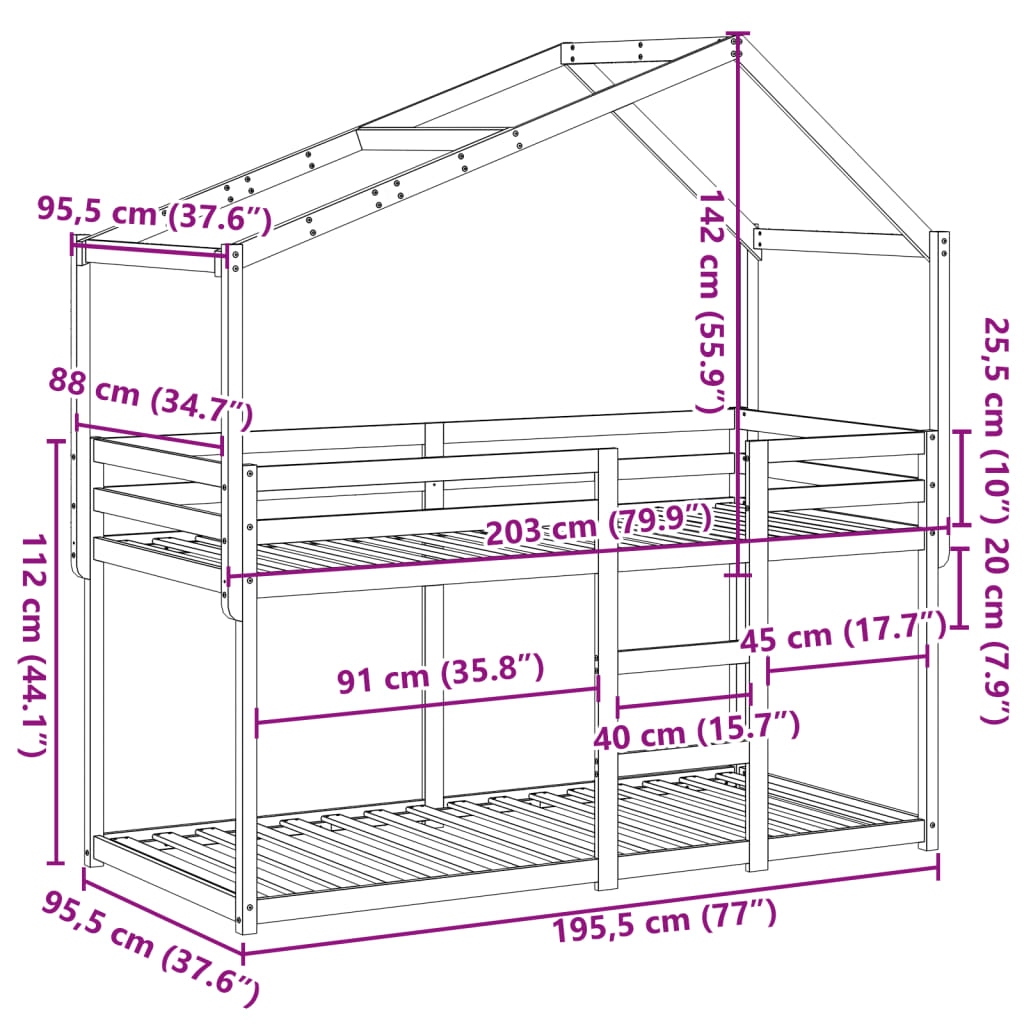 Lit superposé avec toit 90x190 cm bois massif de pin - 3