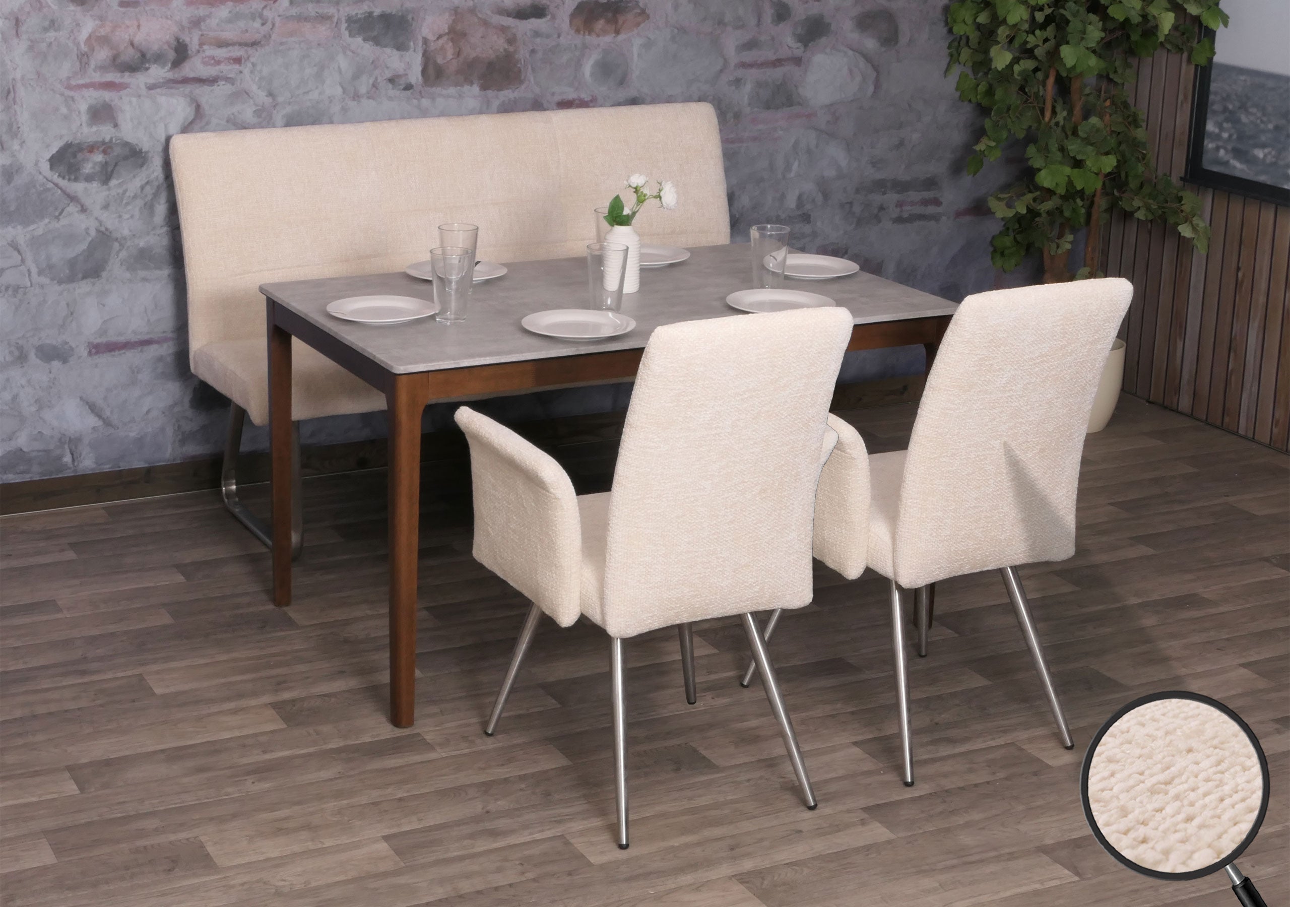 Set sala da pranzo HWC-G55, 2 sedie con braccioli + panca 160cm, acciaio inox stoffa/tessuto ciniglia ~ avorio - 2
