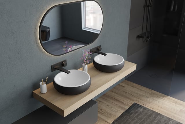 BERNSTEIN - Vasque Lavabo design rond à poser Diamètre 40cm en fonte minérale - Avec bonde et cache noir, Noir/Blanc