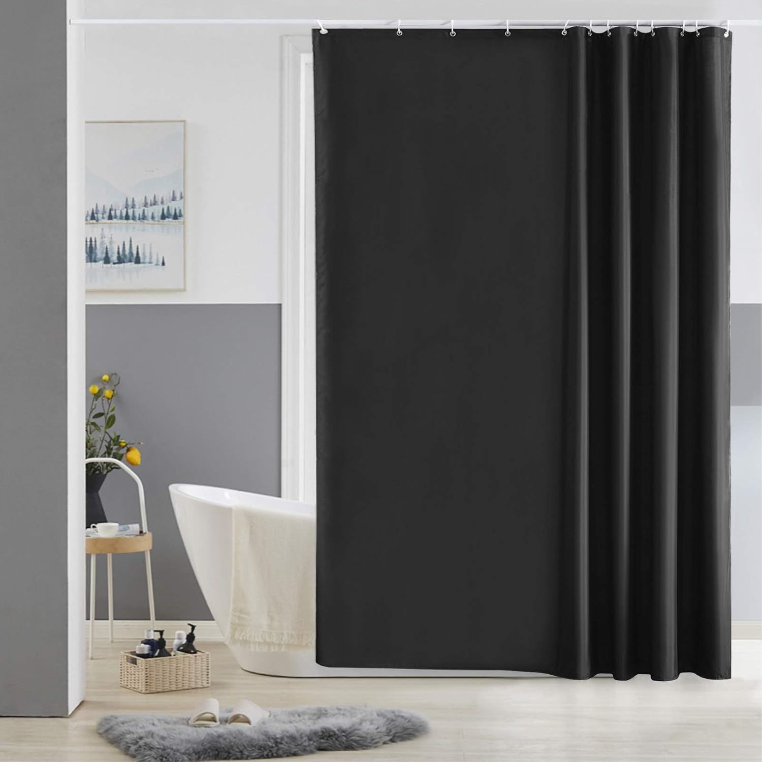 Wodoodporna zasłona prysznicowa, zmywalna i odporna na pleśń, z poliestru, z 9 haczykami, 120x200 cm, czarna