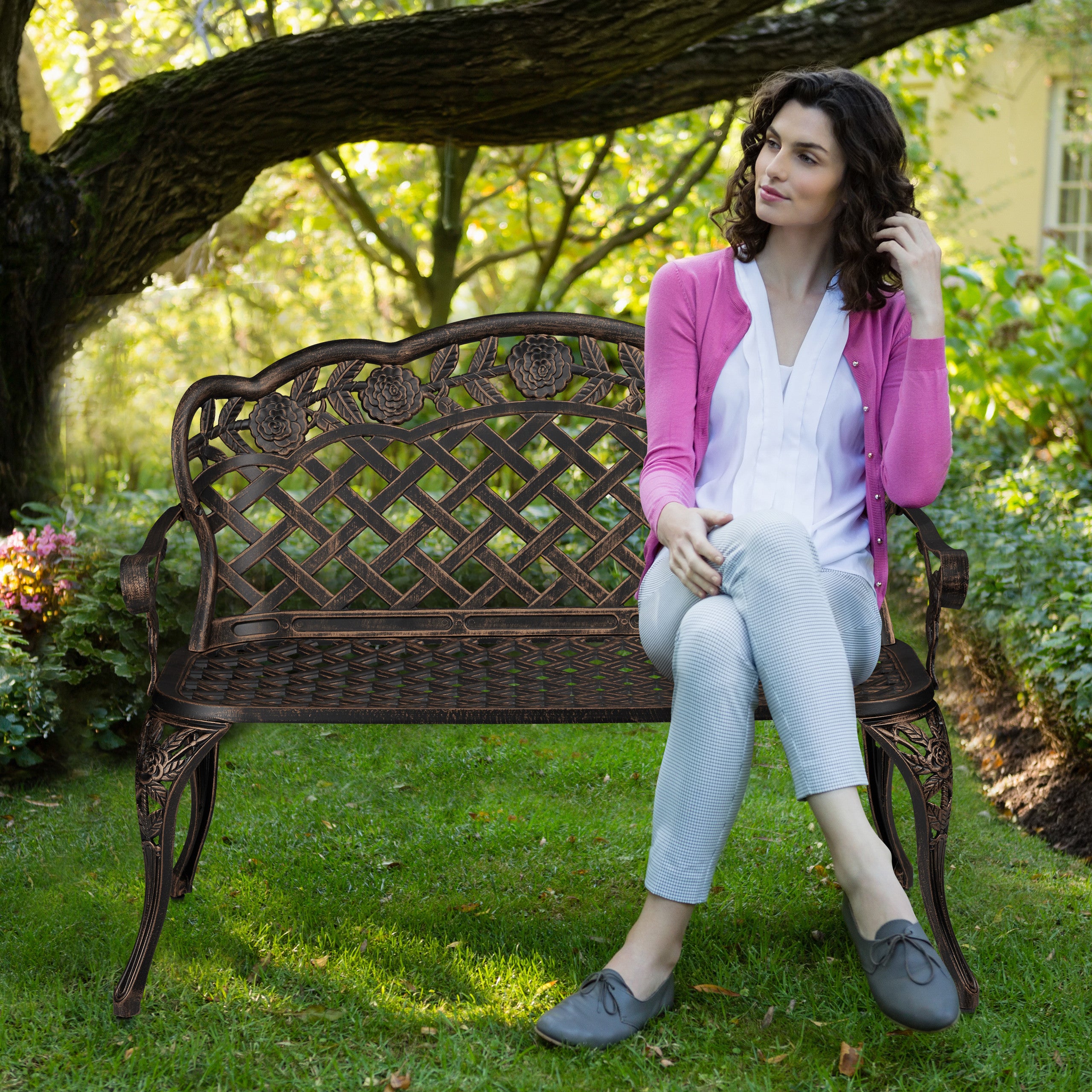 Banc de jardin, roses, terrasse,balcon, aluminium et fonte, antique, 56 x 98 x 55,5 cm, noir - bronze, Relaxdays - 2