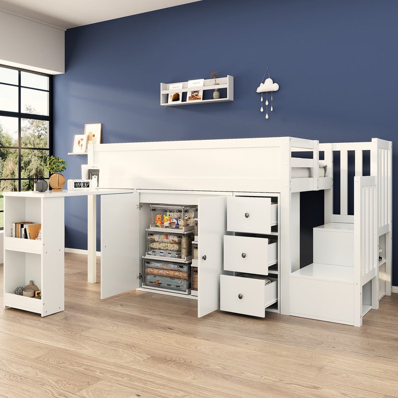 Łóżko dziecięce antresola 90x200 cm - z przesuwanym biurkiem + bocznymi schowkami - z szafą - z 3 szufladami - z 2 drzwiami - z drabinką - białe
