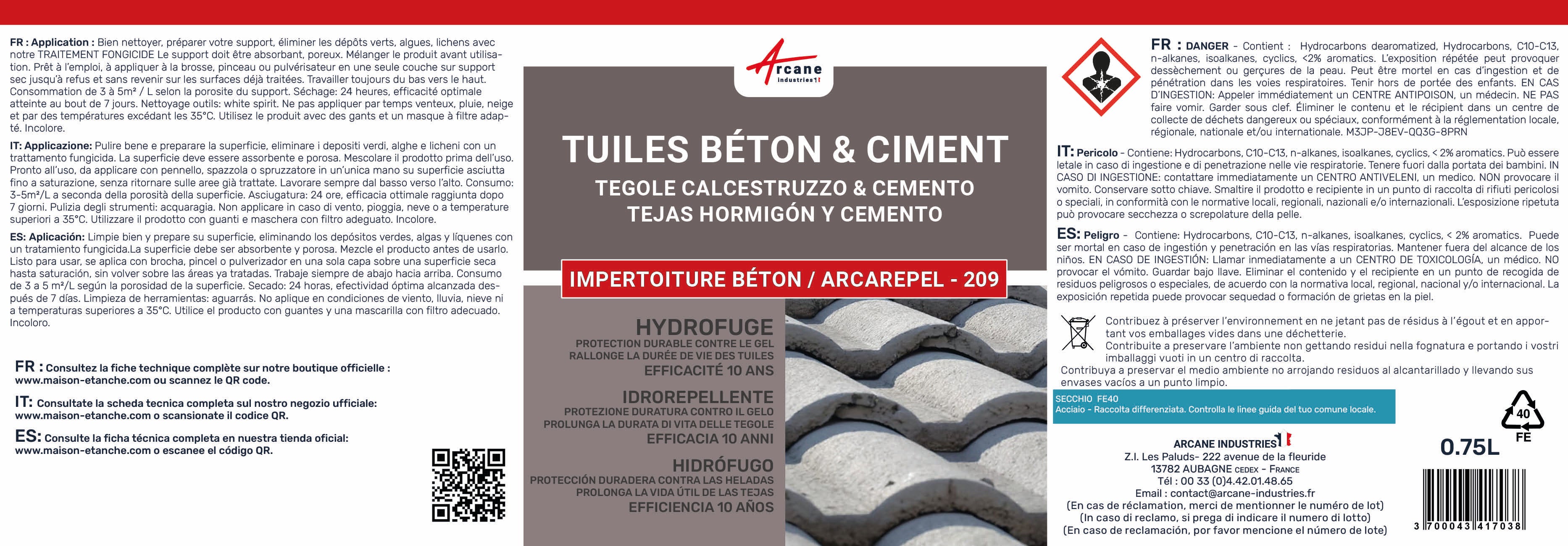 Hydrofuge Imperméabilisant Toiture - Tuile Béton - IMPERTUILE BETON - 20 L (jusqu'à 100 m²) - ARCANE INDUSTRIES - 7