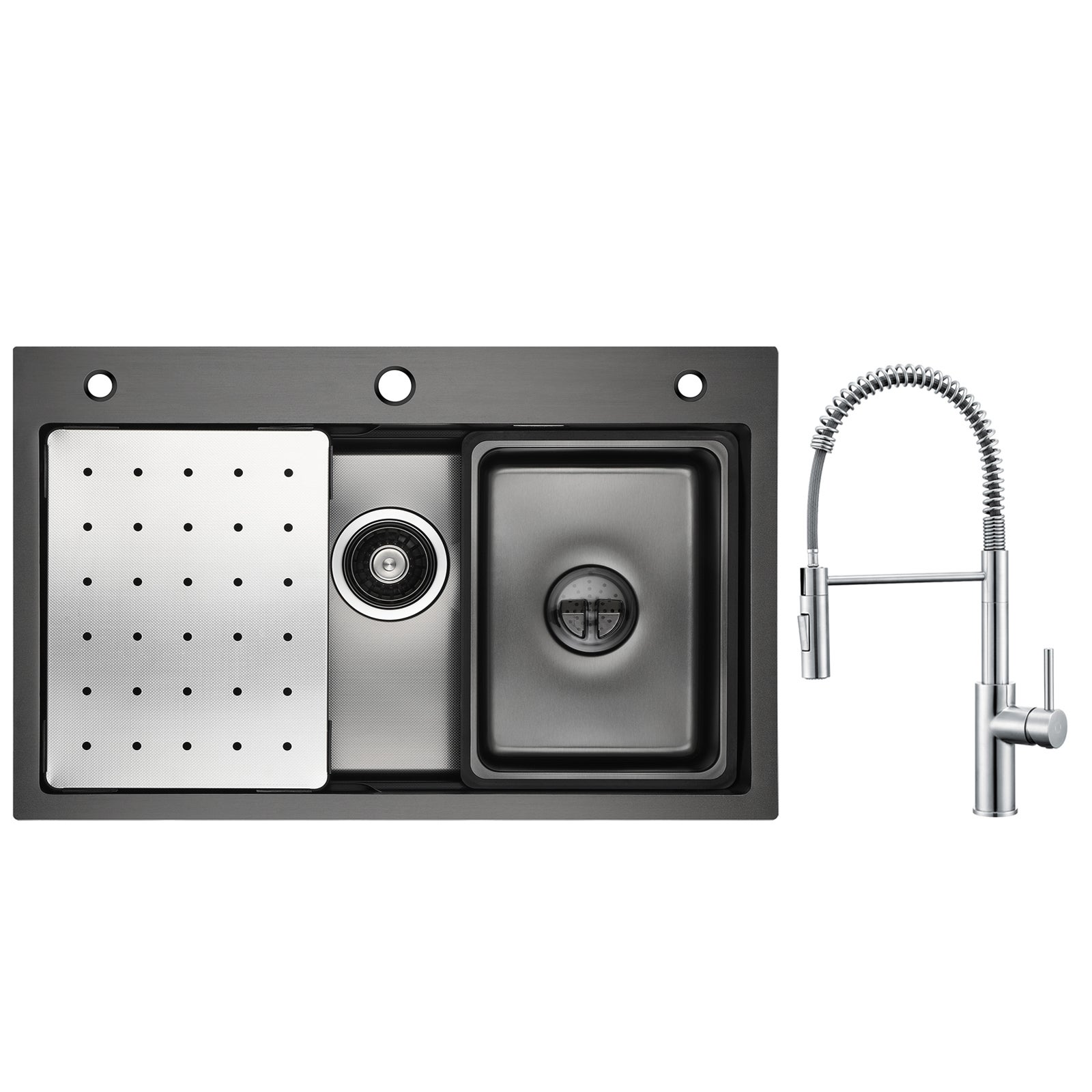 Lavello Da Cucina 80x50 Cm - Nero, Con Rubinetto Cascata, Idropulitrice E Tagliere - Foto 3