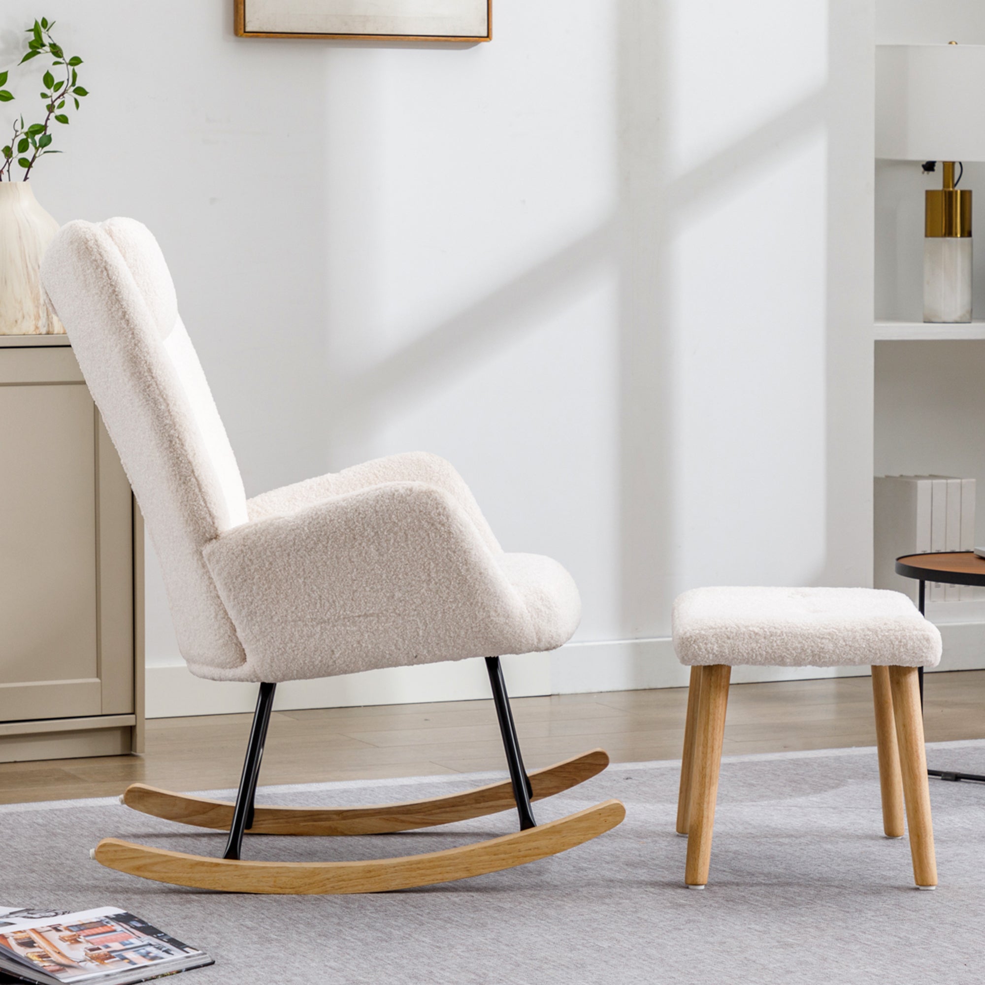 Fotel bujany z zagłówkiem i podnóżkiem - 65 x 82 x 94 cm - Tkanina pluszowa - Biały - 3