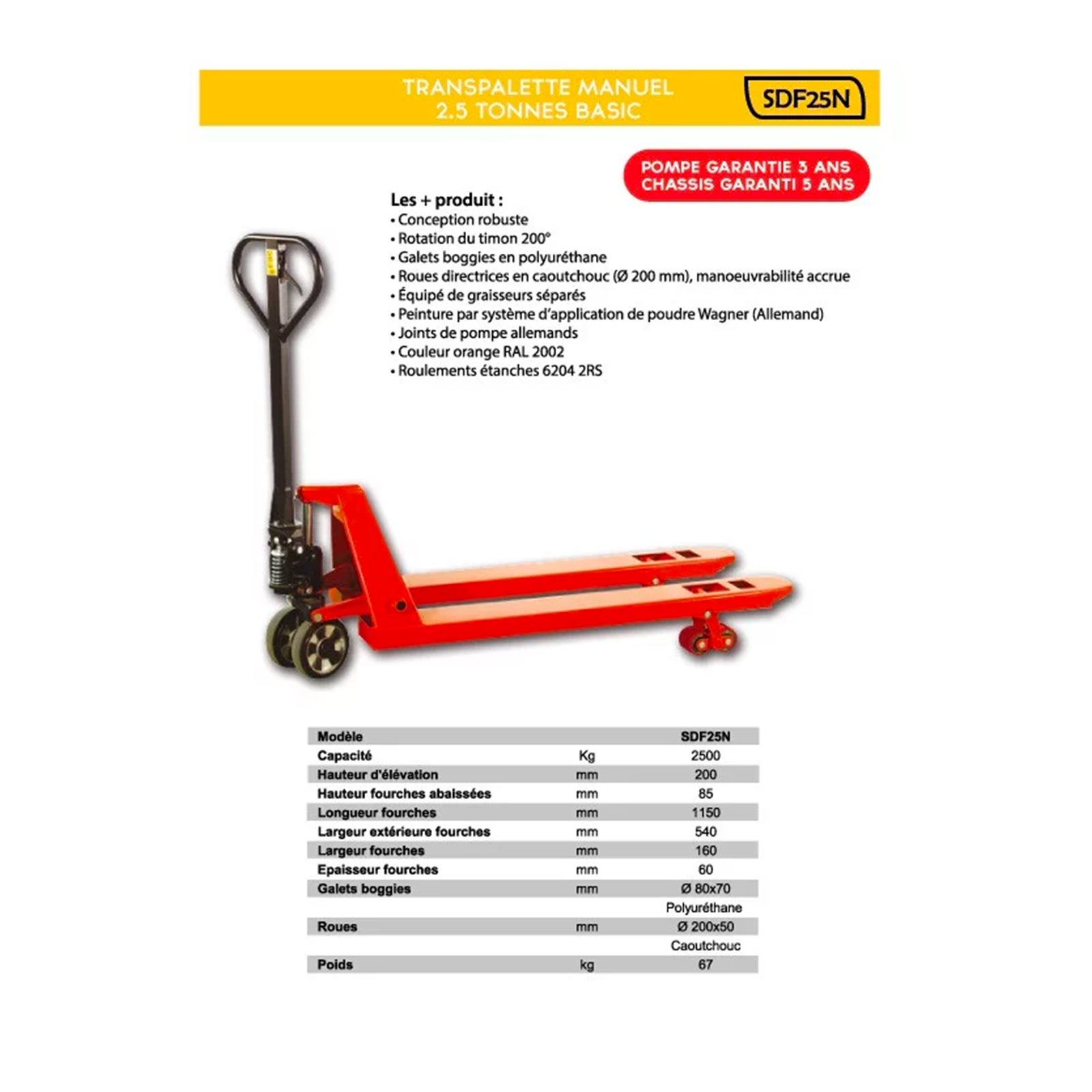 Stockman - Transpalette manuel Basic 2500 Kg 1150x540 mm - SDF25NCBVCBNN STOCKMAN - 2