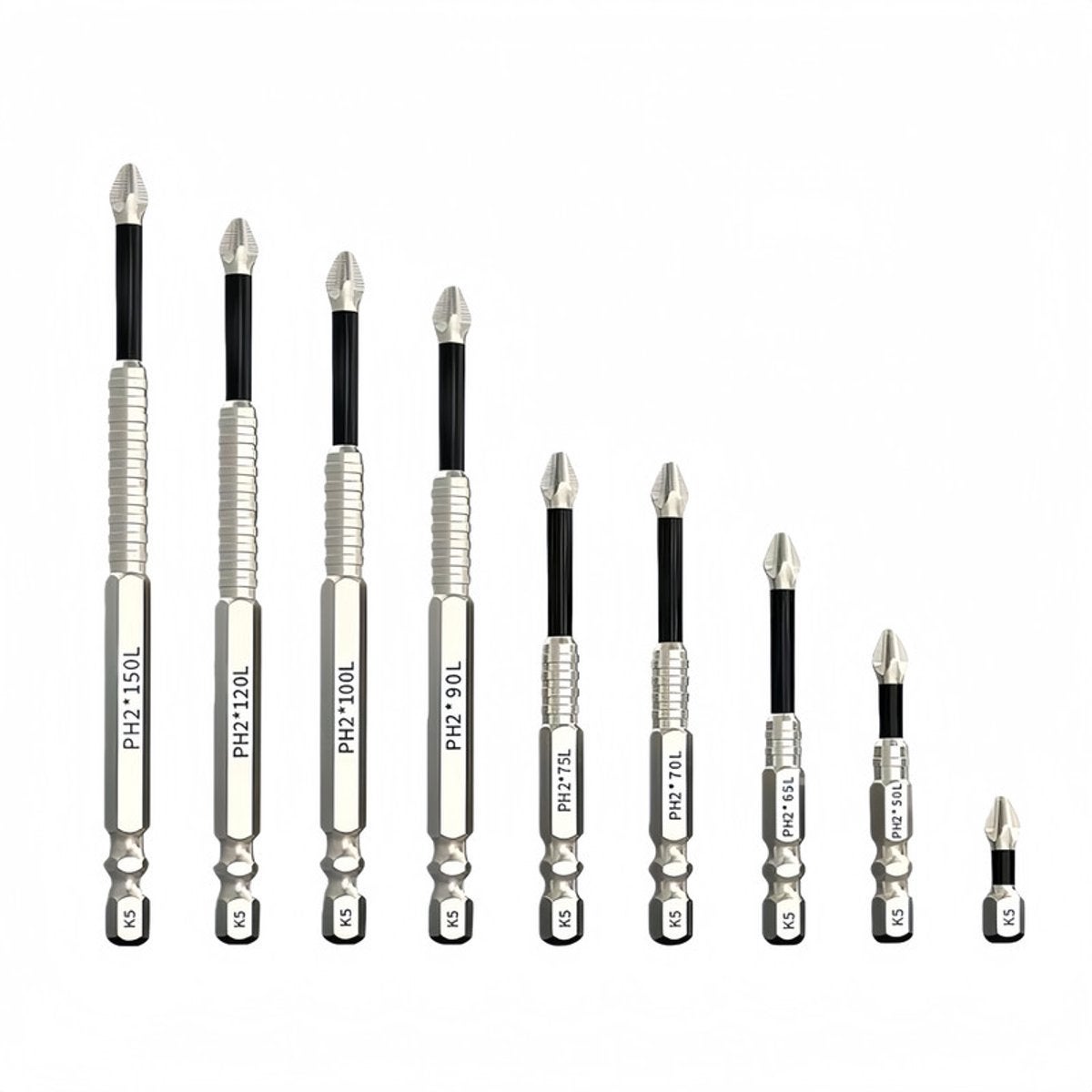 Set de 9 biți antiderapanți K5 – Biți magnetici pentru șuruburi PH2 – Oțel inoxidabil – 25 până la 150 mm – Antiderapanți durabili – pentru burghie 9buc
