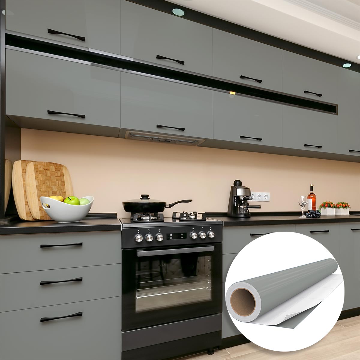 Rollo de vinilo adhesivo impermeable por metro - Adhesivo lavable para cocina, muebles, armarios, puertas - 60cmx1m - Paloma gris - 4