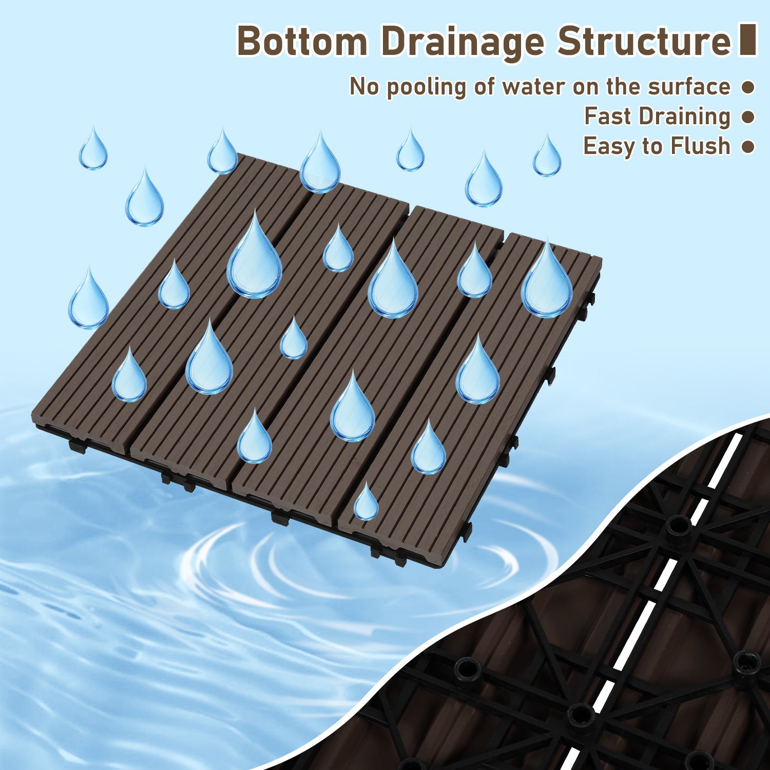 Lot de 99 dalles de Terrasse Clipsable 30 X 30 cm Revêtement Extérieur Pour Jardin Balcon Piscine Marron café - 5