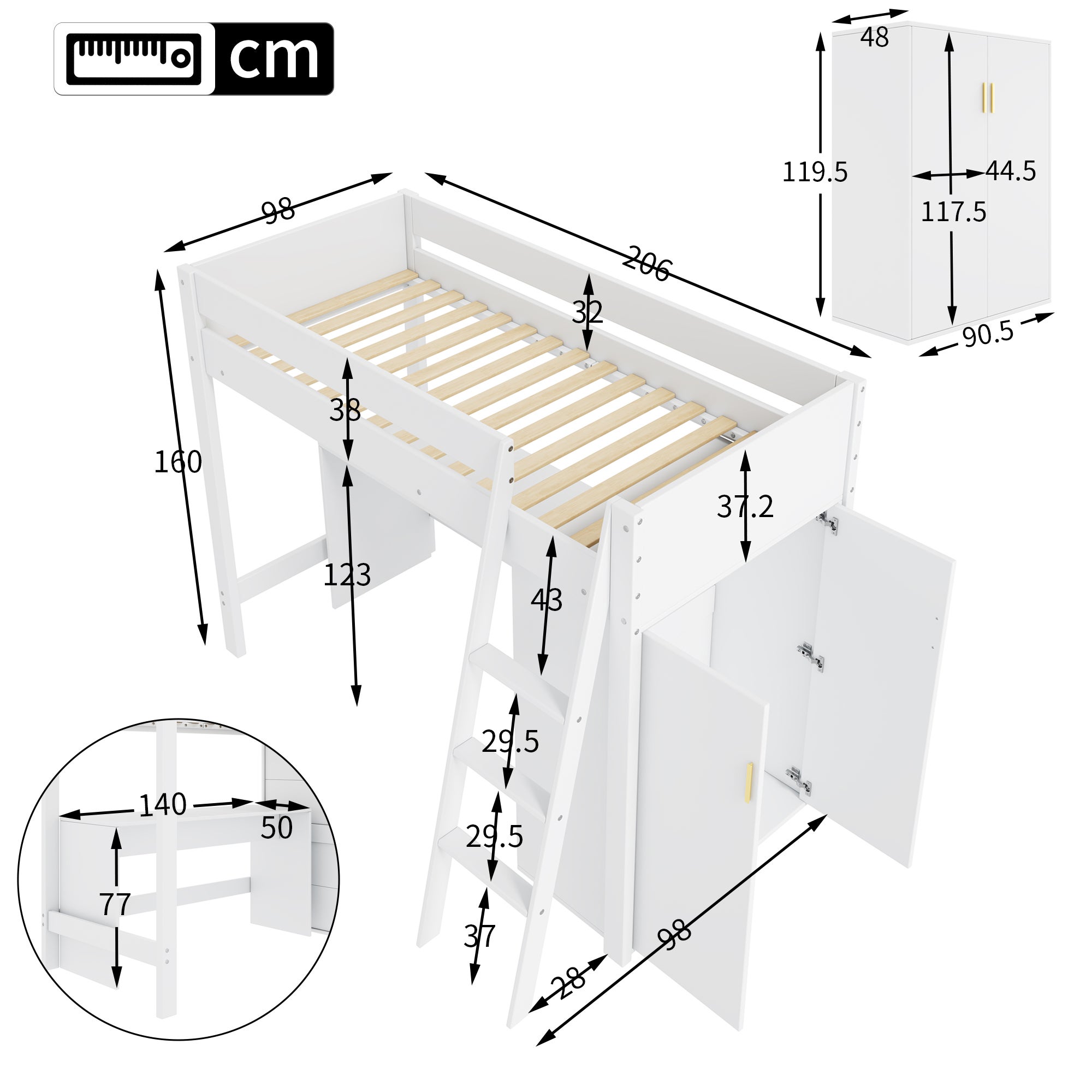Lit mezzanine 90x200cm en bois - avec bureau et armoire modulable - Blanc - 5