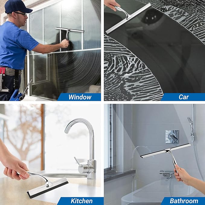 Raclette De Douche En Acier Inox 31cm Avec Crochet Sans Perçage, 2 Lames Silicone De Rechange - Pour Miroir, Vitre, Carrelage Et Salle De Bain - 5