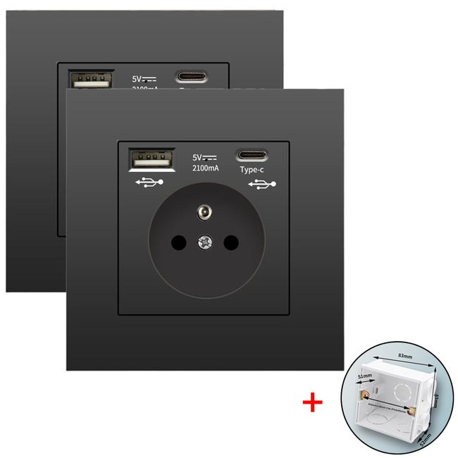 Zestaw 2 gniazdek ściennych z USB i typu C, 5 V 2,1 A, standard UE, gniazdo USB wpuszczane, listwa zasilająca z puszką montażową, 110-250 V (czarne)
