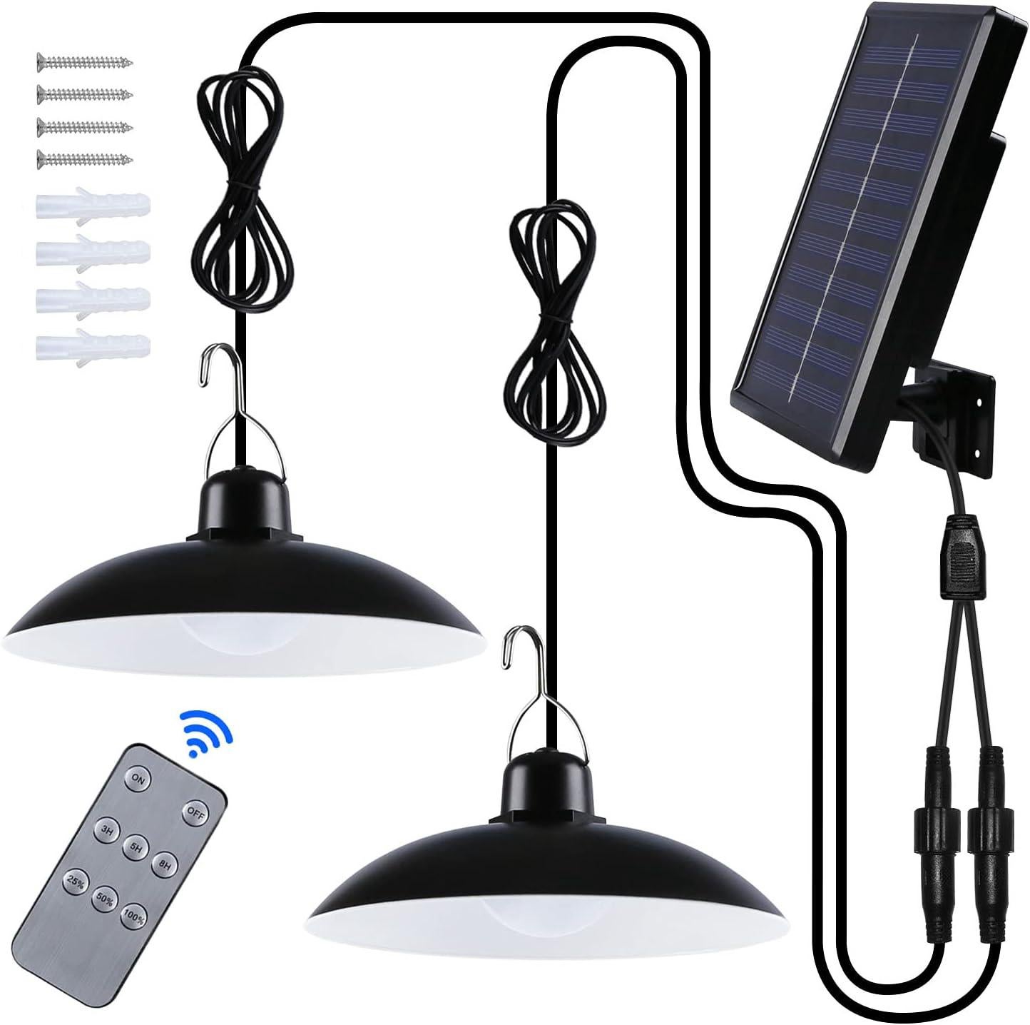 Podwójna zewnętrzna lampa solarna, biała, wodoodporna IP65, z pilotem, do ogrodu, pergoli, na balkon lub taras