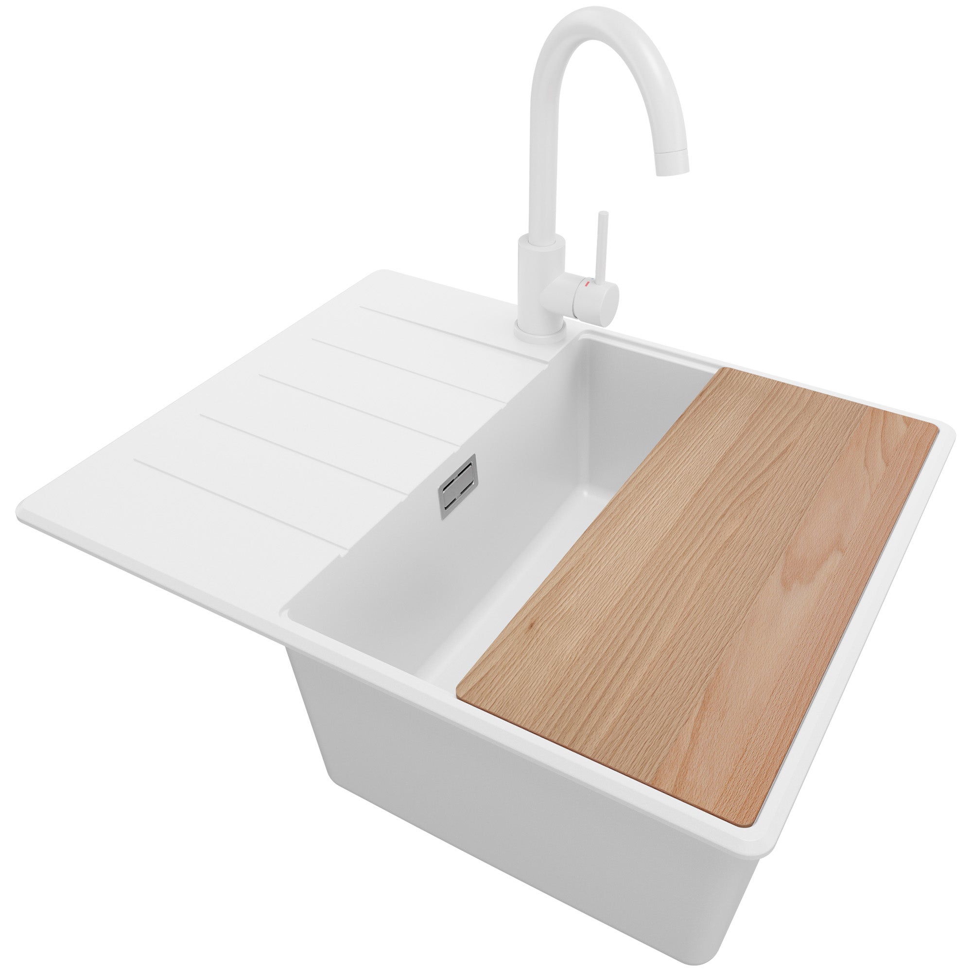Zlewozmywak Granitowy Biały 62x50cm, Zlew Kuchenny 1 Komorowy + Bateria 32x20cm + Syfon + Deska, Nablatowy do szafki od 45cm - Kopenhaga PRIMAGRAN