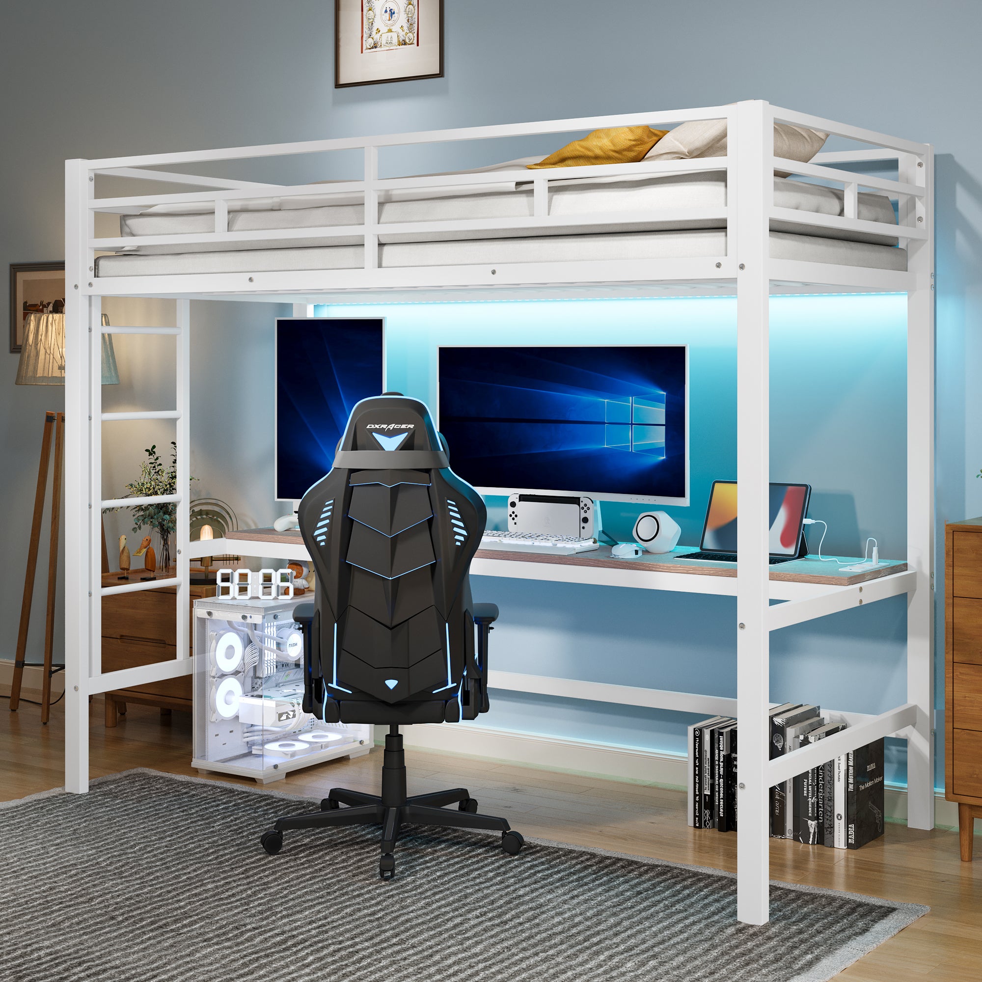 Łóżko piętrowe 90 x 200 cm, barierka, drabinka, stolik z portem USB i gniazdkiem elektrycznym, z oświetleniem LED, bez materaca, metalowe, białe