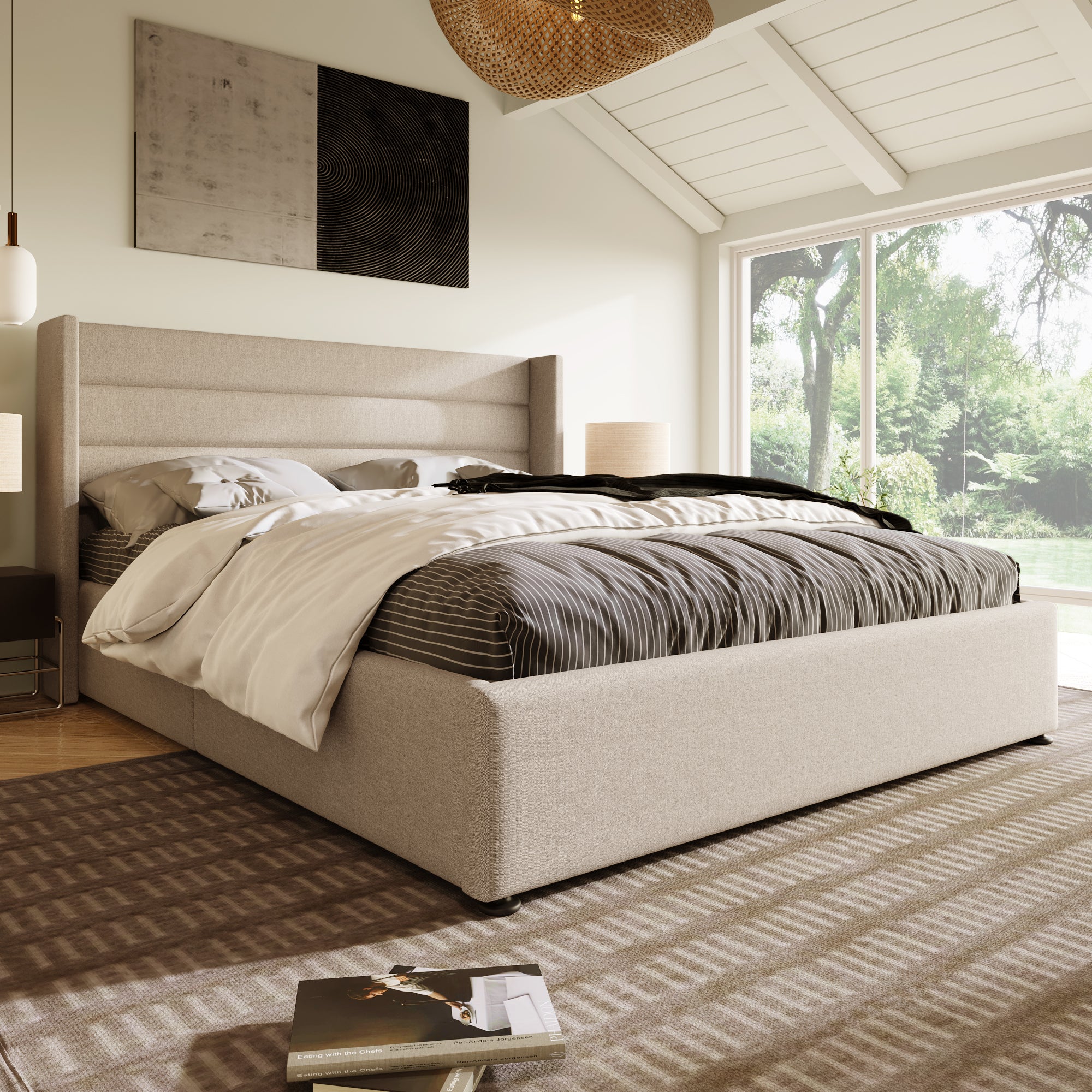 Lit coffre 160 x 200 cm pour adulte - tissu en lin - sommier à lattes - beige - 8