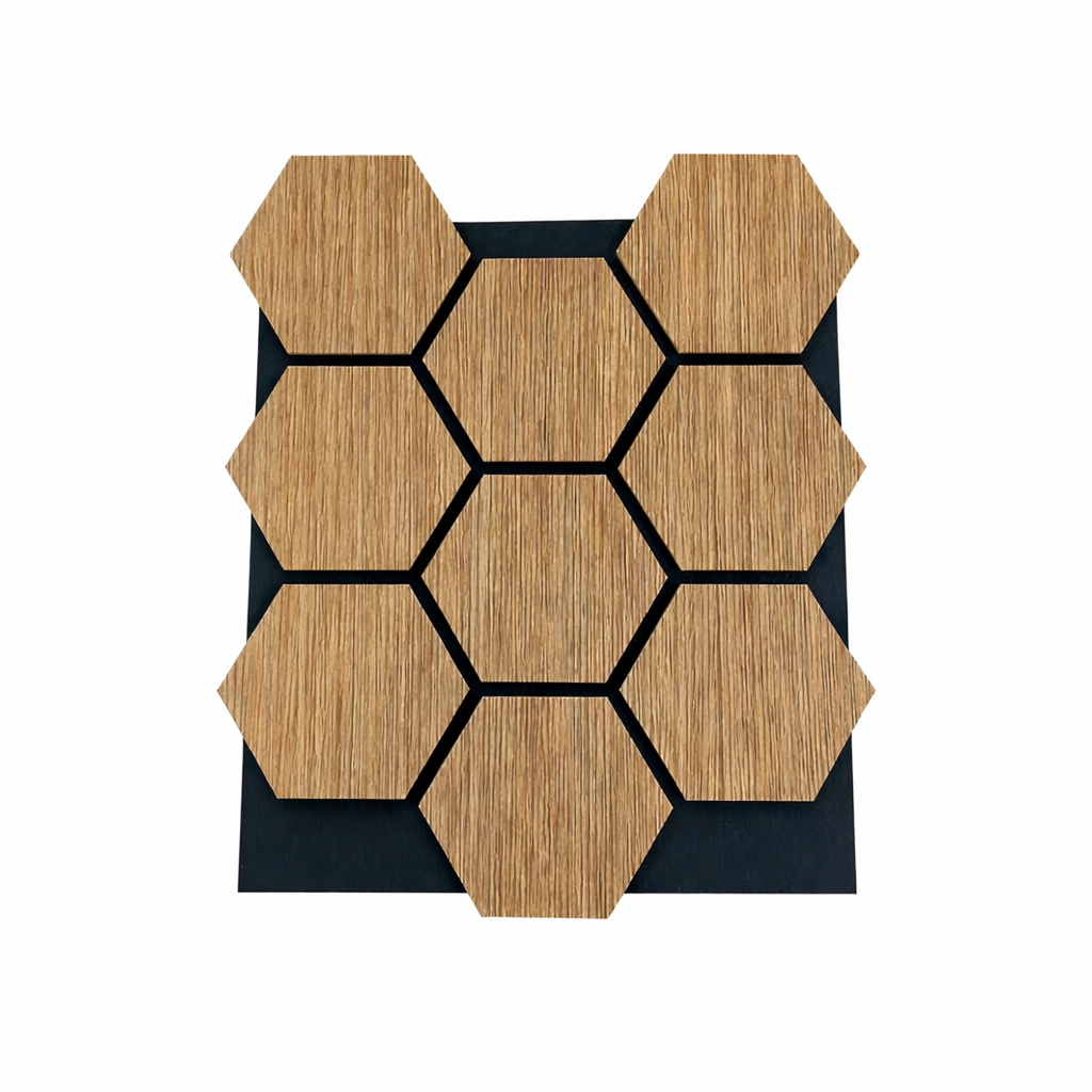 Dekoracyjny panel z płyty MDF z sześciokątnym wzorem i filcem PET, zestaw 12 sztuk, 62x76 cm, dźwiękochłonna okładzina ścienna, dąb.