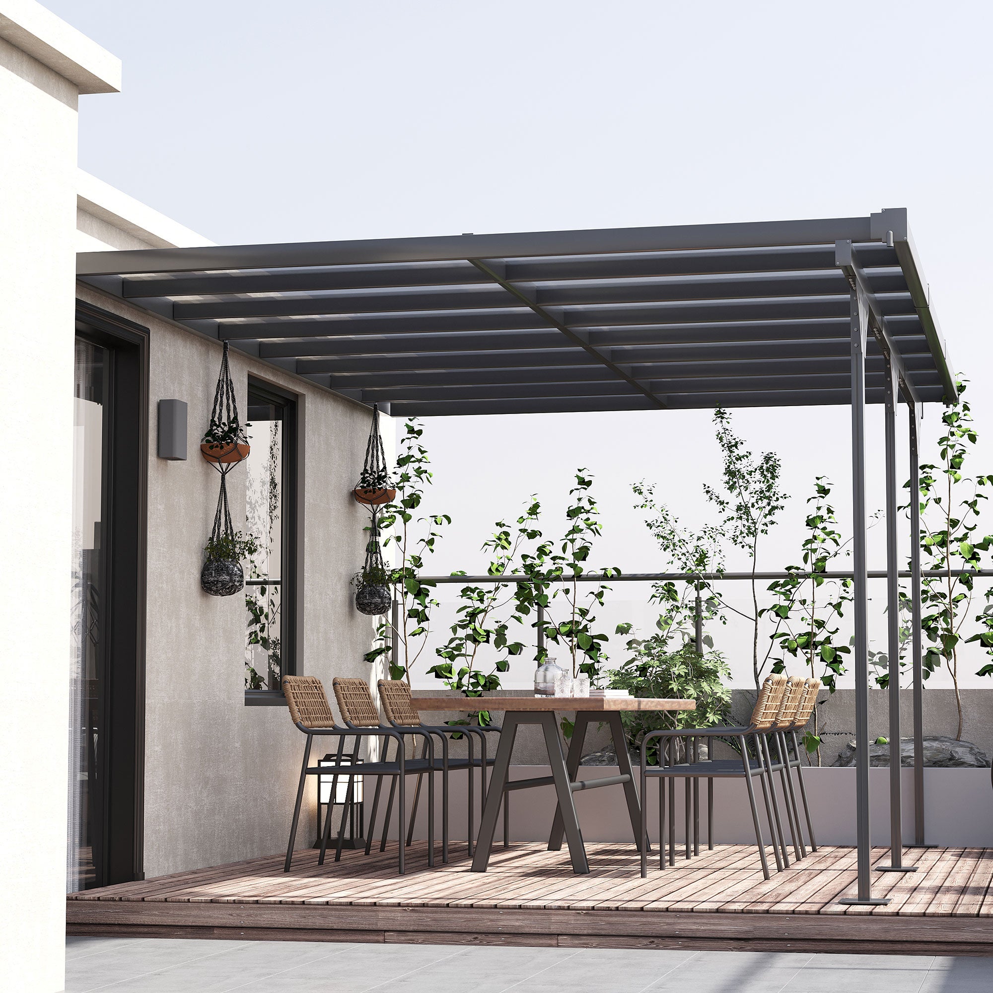 Pergola Addossata Outsunny 4.4x3m In Alluminio E Policarbonato - Gazebo Da Giardino Regolabile Grigio - Foto 8