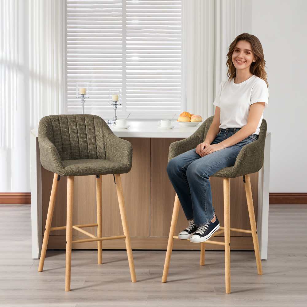 Tabouret de bar moderne vert en lin avec dossier haut et accoudoirs, pieds en bois, lot de 2, style européen pour cuisine ou îlot - 6