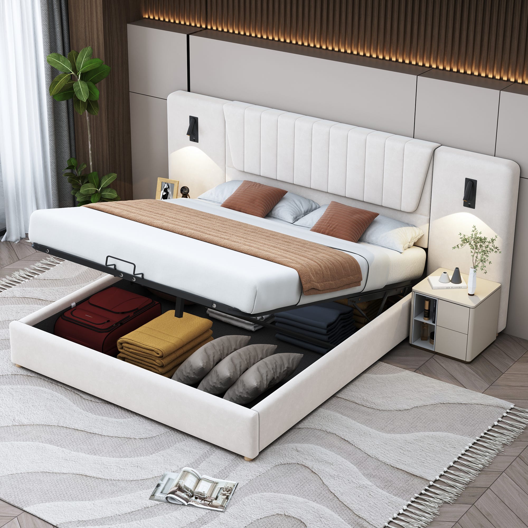 Lit Rembourré 180x200 Cm Avec Tête De Lit Réglable, Éclairage LED Et USB - Cadre Hydraulique Blanc Avec Rangement