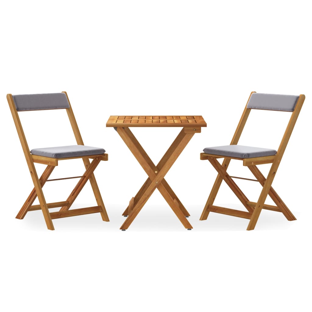 Table et chaises pliantes pour terrasse, 3 pièces, et coussins, bois d'acacia - COMFORTXL
