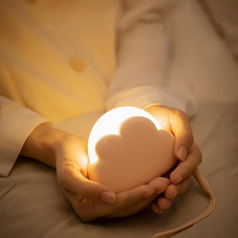 Lampka nocna w kształcie chmurki, lampka nocna dla dzieci, przenośna, ładowana przez USB, światło żółte i białe (różowe).