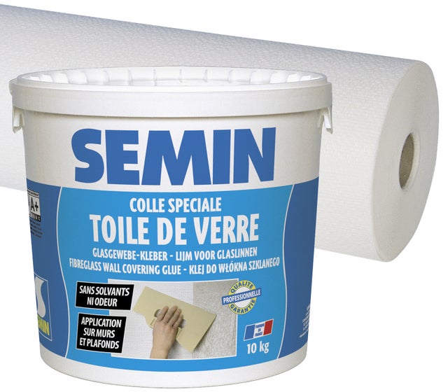 Colle en pâte pour toiles de verre Semin - prête à l'emploi - seau de 10 kg et toile de verre Sem Crepi Eco C 103 - motif crépi - 50 m x 1 m