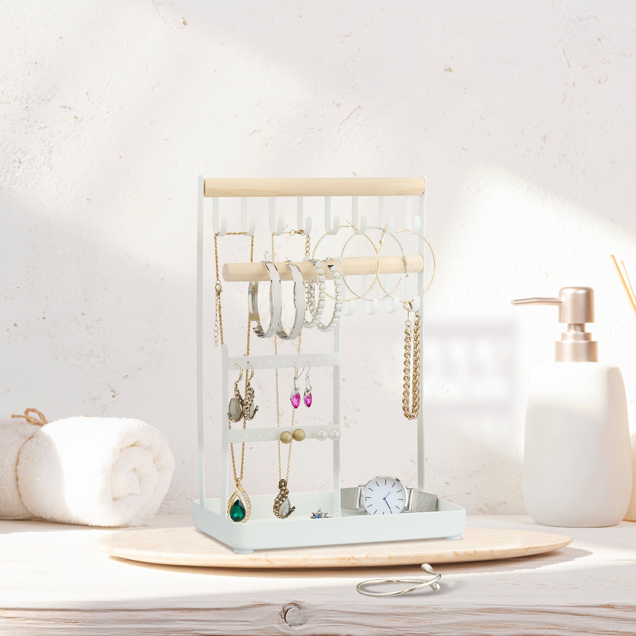 Torytoe Présentoir Bijoux 5 Crochets Blanc - Organisateur Colliers Bracelets Bagues Plateau Amovible