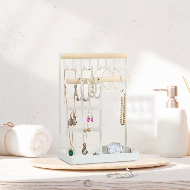 Torytoe Présentoir Bijoux 5 Crochets Blanc - Organisateur Colliers Bracelets Bagues Plateau Amovible