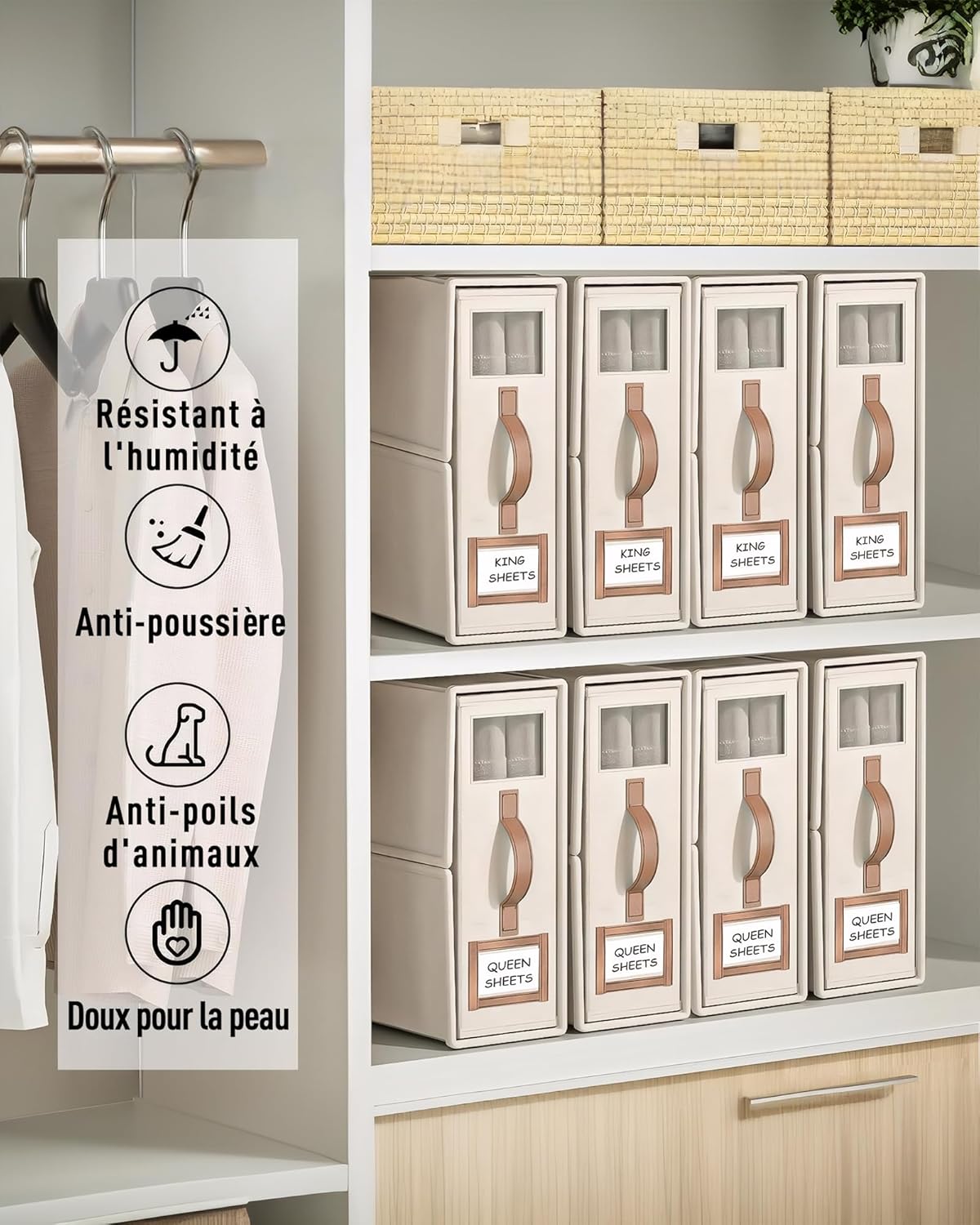 linge rangement drap de lit - 3 organisateur drap pliable, respirantes avec fenêtre transparente & étiquette pour draps, couvertures & serviettes - 6