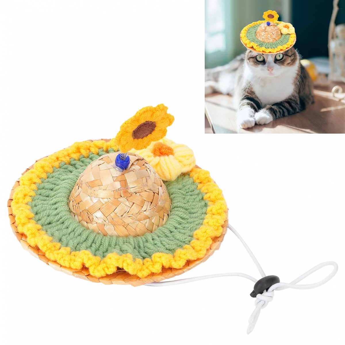 Chapéu de palha tecido para animais de estimação, bonito, feito à mão, ajustável, protetor solar de verão para cães e - 2