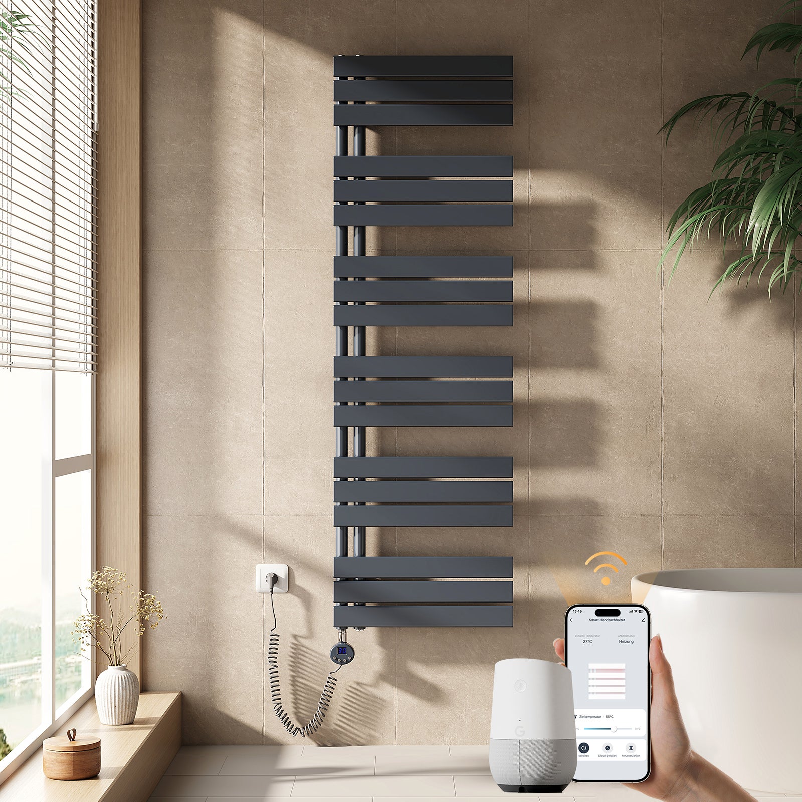 EMKE Grzejnik elektryczny łazienkowy 160x50cm - Inteligentne Sterowanie z Programatorem Tygodniowym w Aplikacji - 1000W - Matowy Antracyt