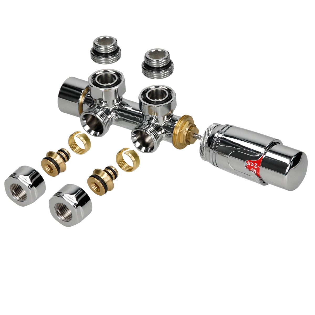 LuxeBath zestaw zaworów Multiblock chrom narozny z glowica termostatyczna do grzejników lazienkowych z podlaczeniem srodkowym zestaw przylaczeniowy