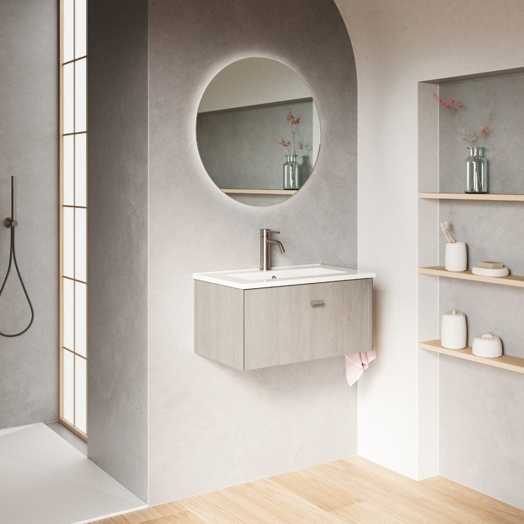 MEI 50 Meuble et vasque avec un tiroir, effet Chêne Blanc. (Avec miroir) - 2