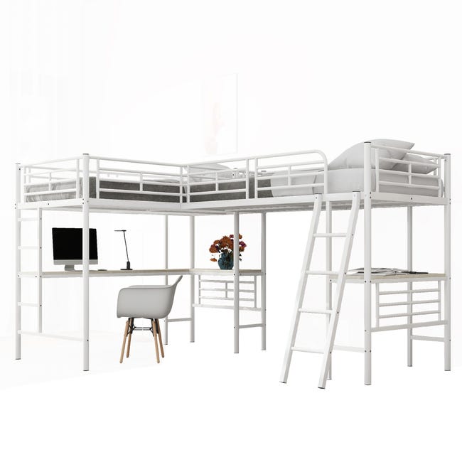 Letto A Soppalco In Metallo Con Scrivania E Ripiani, Scala Di Sicurezza Bianco 203 5x96 8x182 5cm Letto A Soppalco In Metallo Con Scrivania E Ripiani, Scala Di Sicurezza Bianco 203 5x96 8x182 5cm