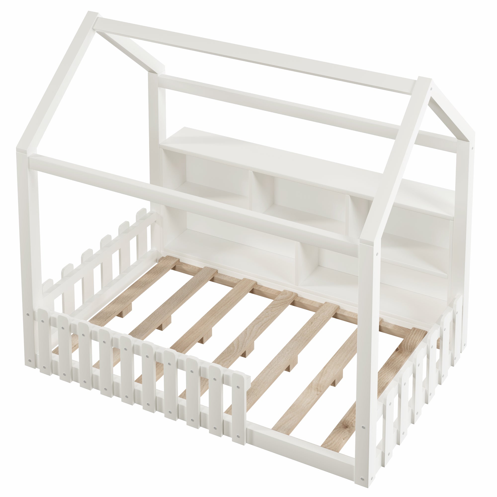 Lit cabane enfant 90x190 cm avec bande LED, Lit enfant avec barreaux, rangements ouverts, Lit plat en pin, style minimaliste, blanc,&nbsp;Sans matelas - 8