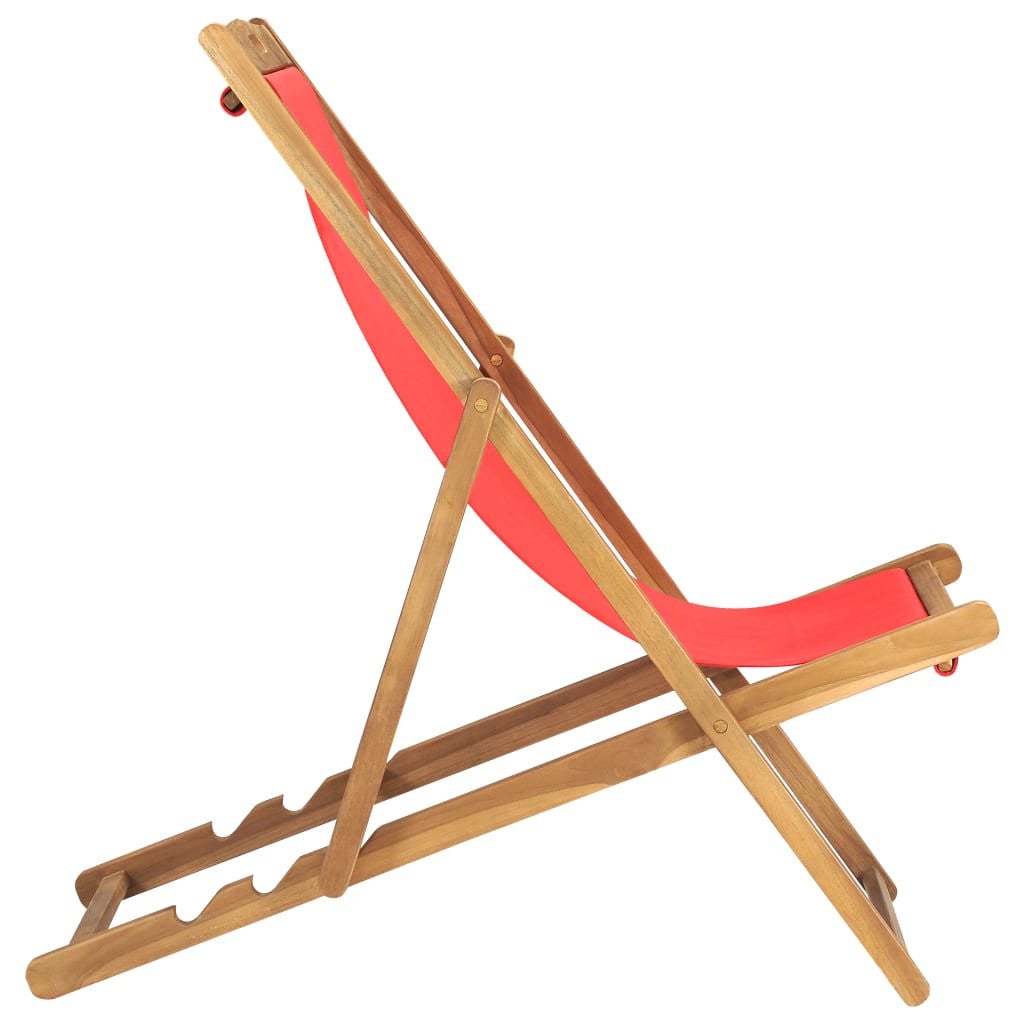 Chaise de plage pliable Bois de teck solide Rouge - 3
