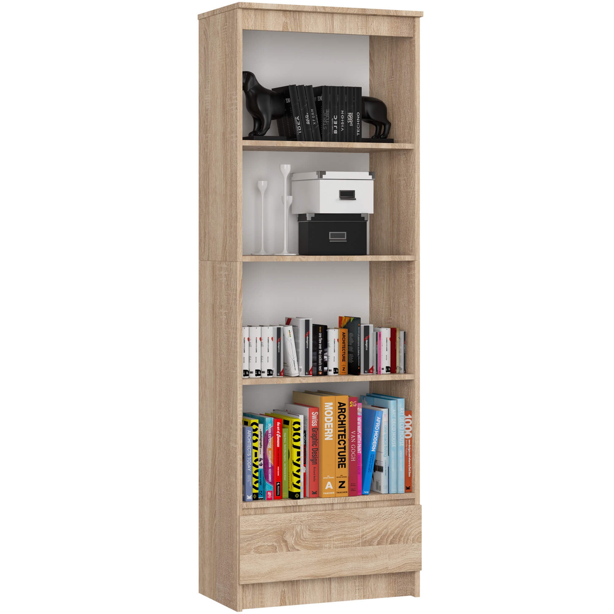 Regał AKORD R60 Dąb Sonoma 60 cm 1 szuflada kolor Dąb Sonoma mat 4 półki 60x35x180 cm
