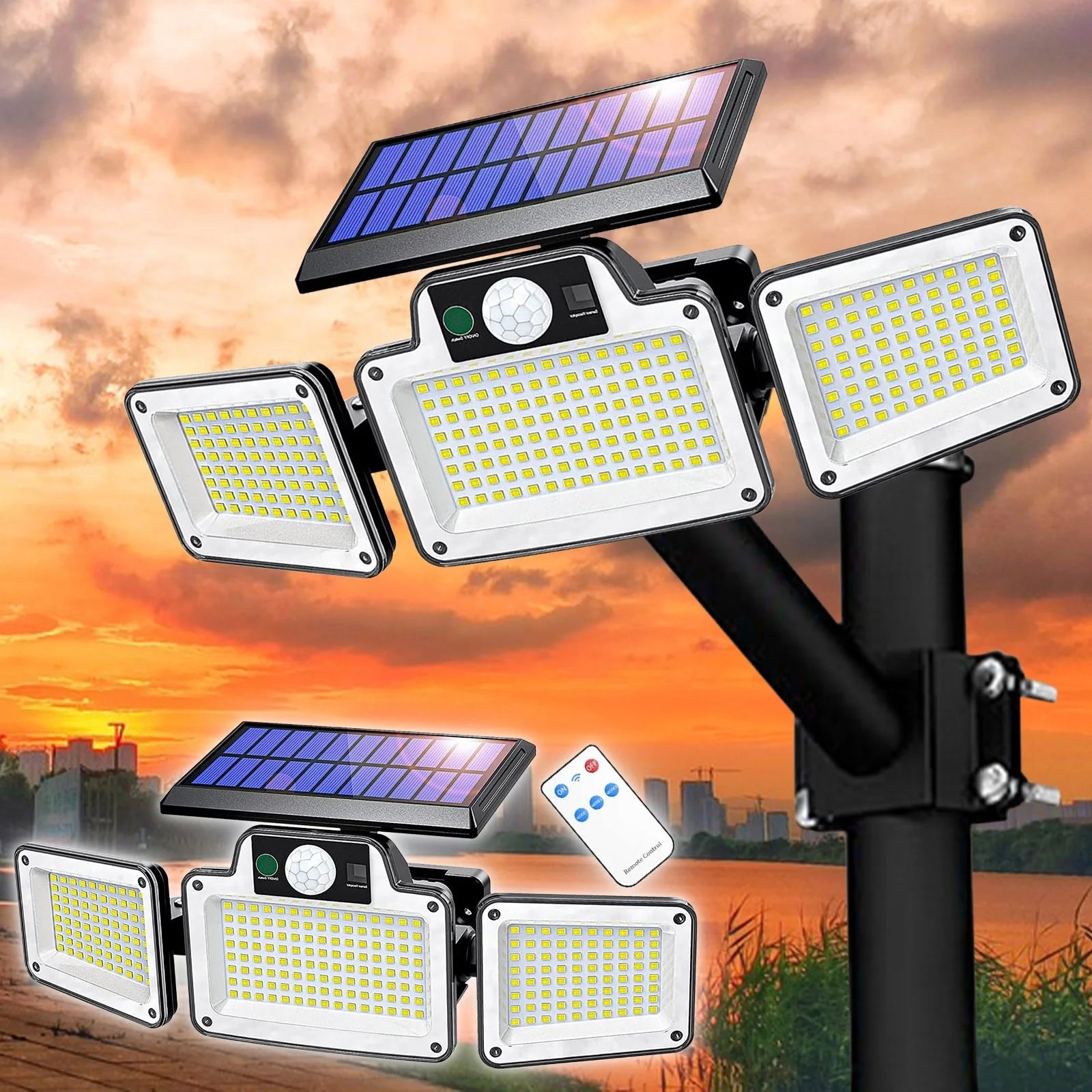 Zestaw 2 solarnych reflektorów LED, wodoodporna solarna lampa ścienna IP65, 3 tryby, z pilotem i czujnikiem ruchu (białe światło 6000 K)