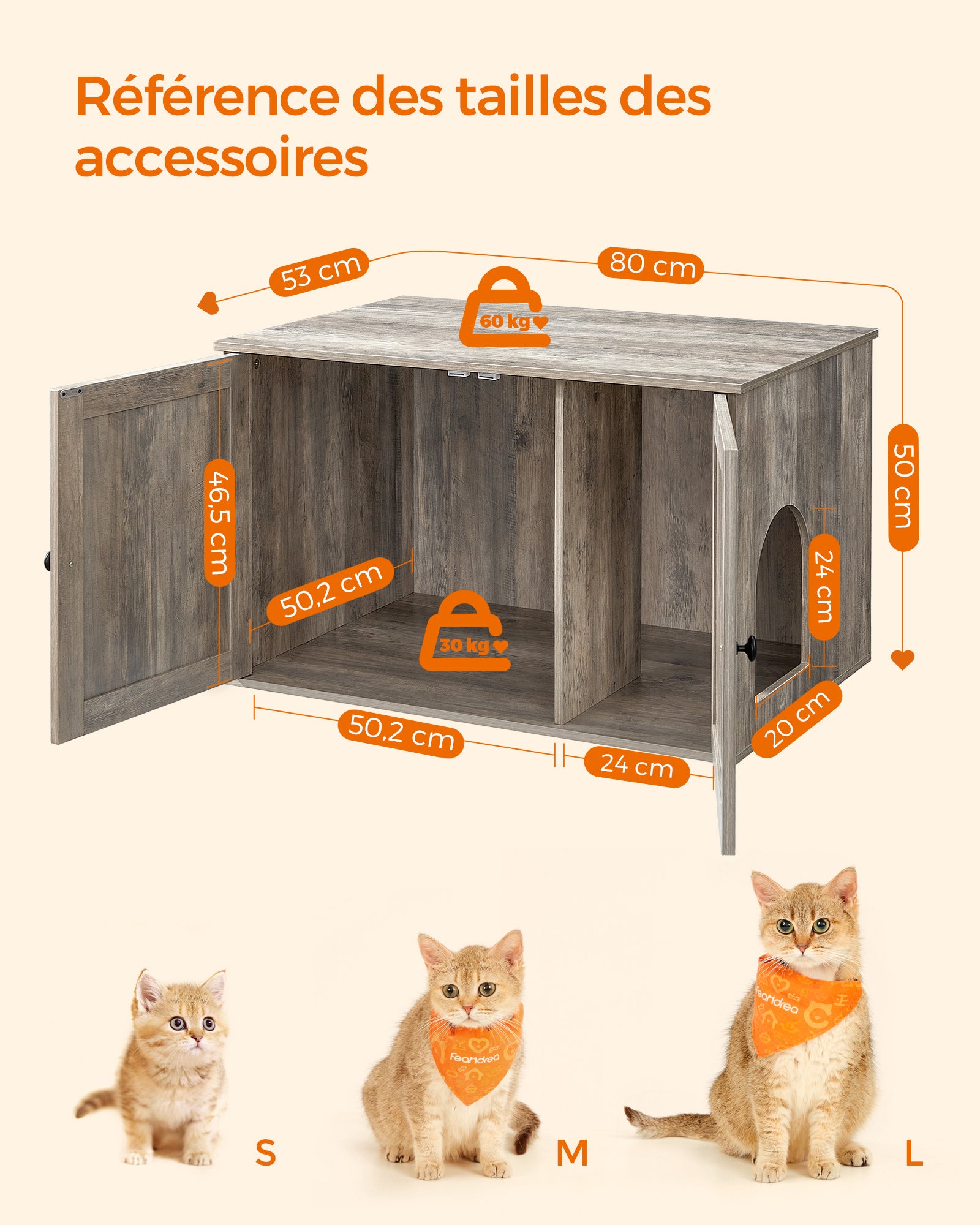 Maison de Toilette Chat, Meuble Litière Chat, avec Séparateur Amovible, Cache-litière pour Chat, Table, 80 x 53 x 50 cm, Grège - 5