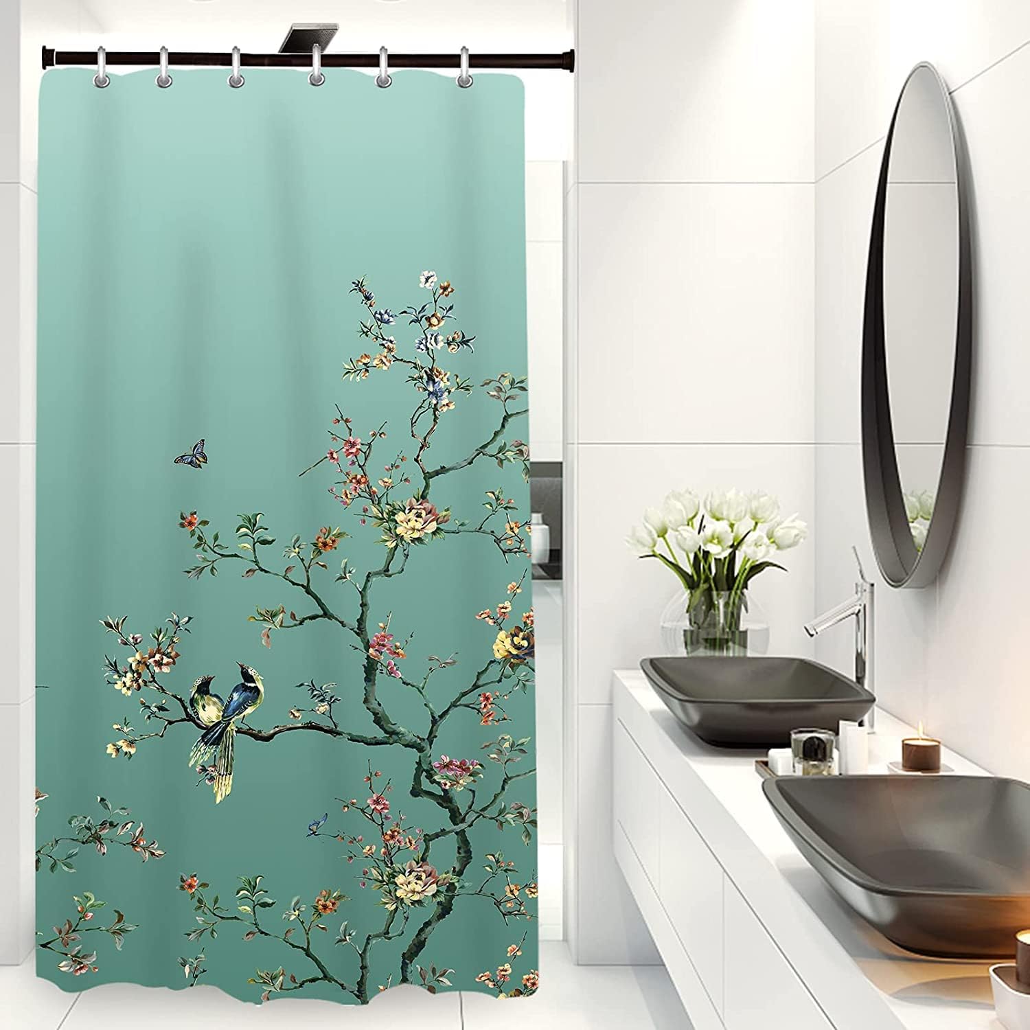 Rideau De Douche 90x180 Cm Motif Oiseaux Vert - Tissu Polyester Imperméable, Résistant à La Moisissure - Livré Avec 12 Crochets - 3