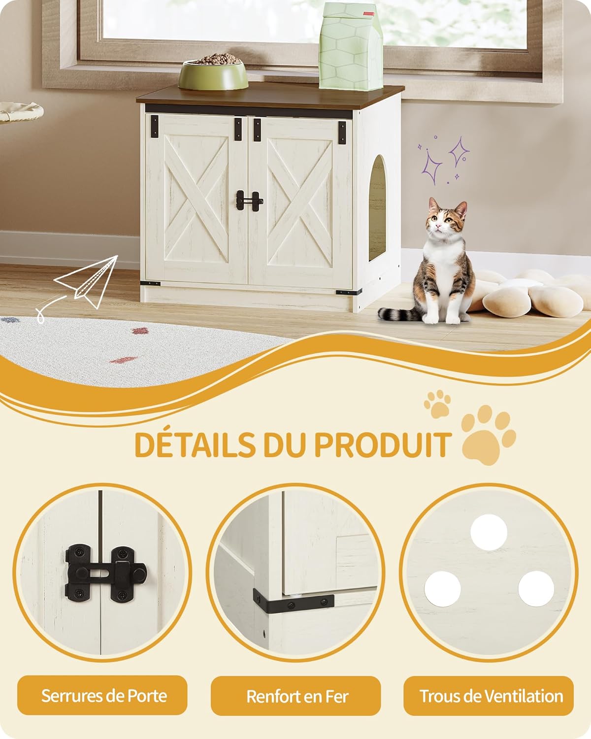 Caixa de areia para gatos, armário para areia com divisória amovível, casota para gatos, entrada reversível (esquerda ou direita), castanho e branco. - 3