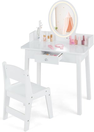 Coiffeuse Enfant 2 Pièces AIYAPLAY – Table + Tabouret, Miroir Acrylique, Tiroir, Thème Ballet (rose)