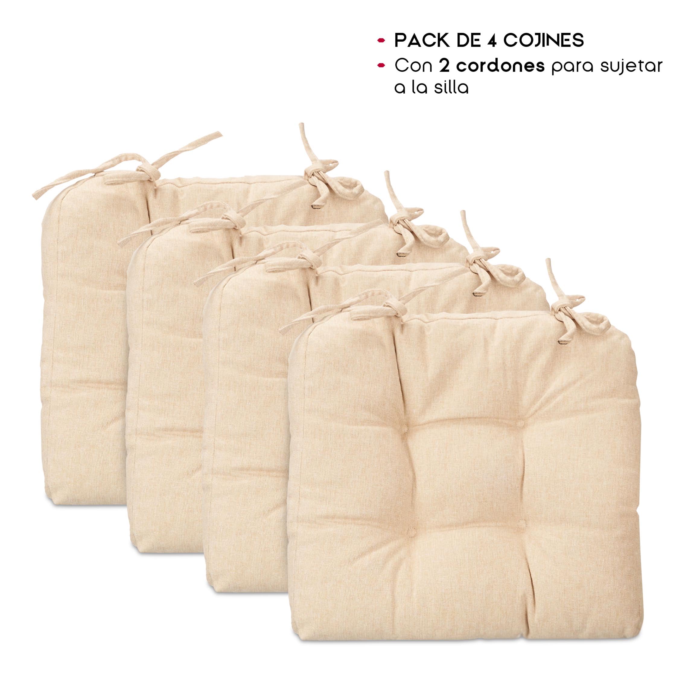 TIENDA EURASIA - Pack 4 Cojines Silla, 100% Poliéster, 40x40x7 cm, 2 Cordones, Beige - 3