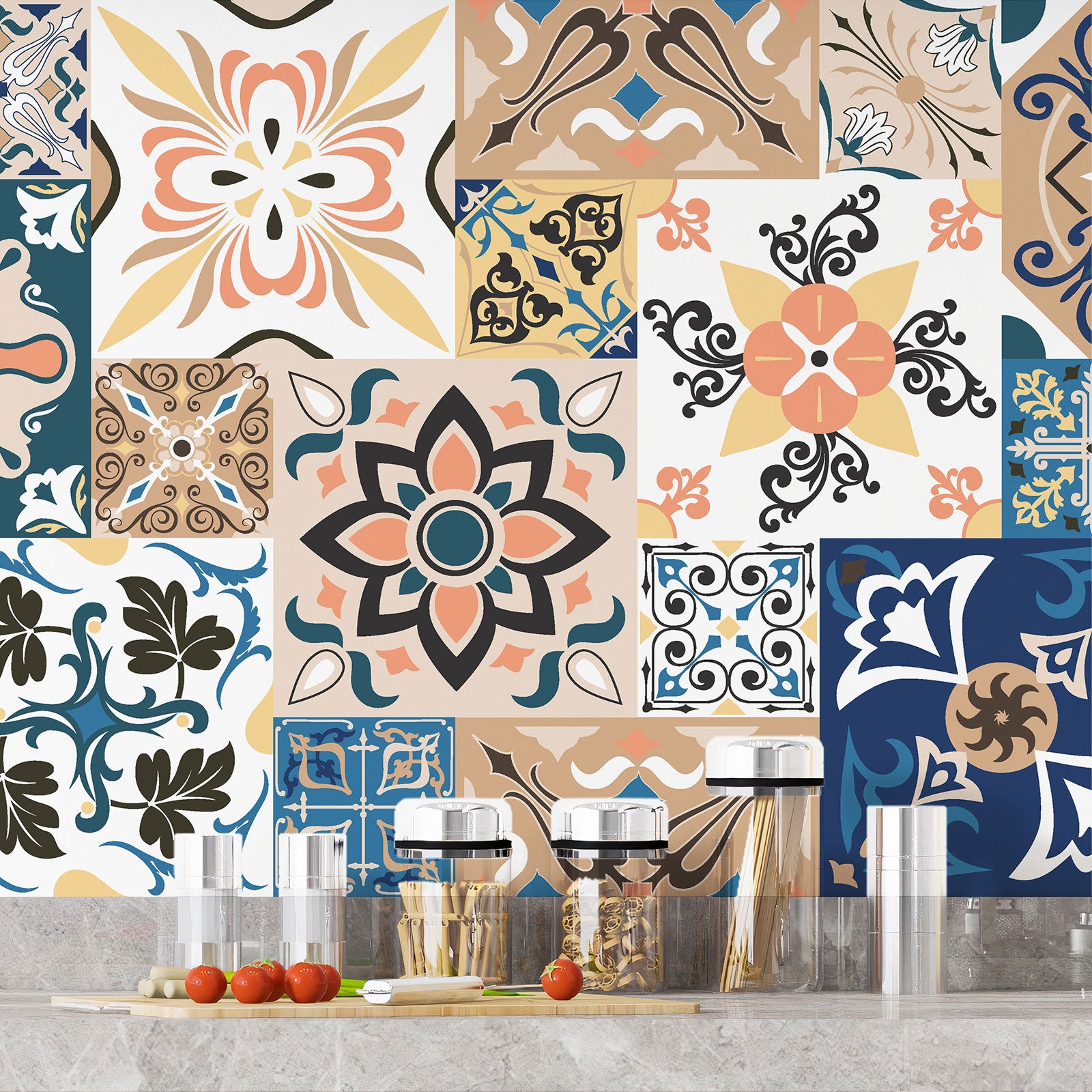 Crédence adhésive sticker pour cuisine - Effet carreaux de ciment - Adhésif BRILLANT - 60x180 cm - 4